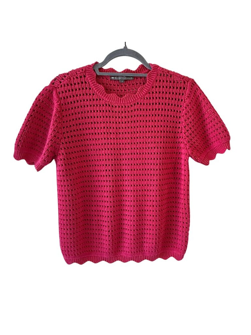 Elliott Lauren Pink Crochet Knit Scalloped Short Sleeve Sweater Size S